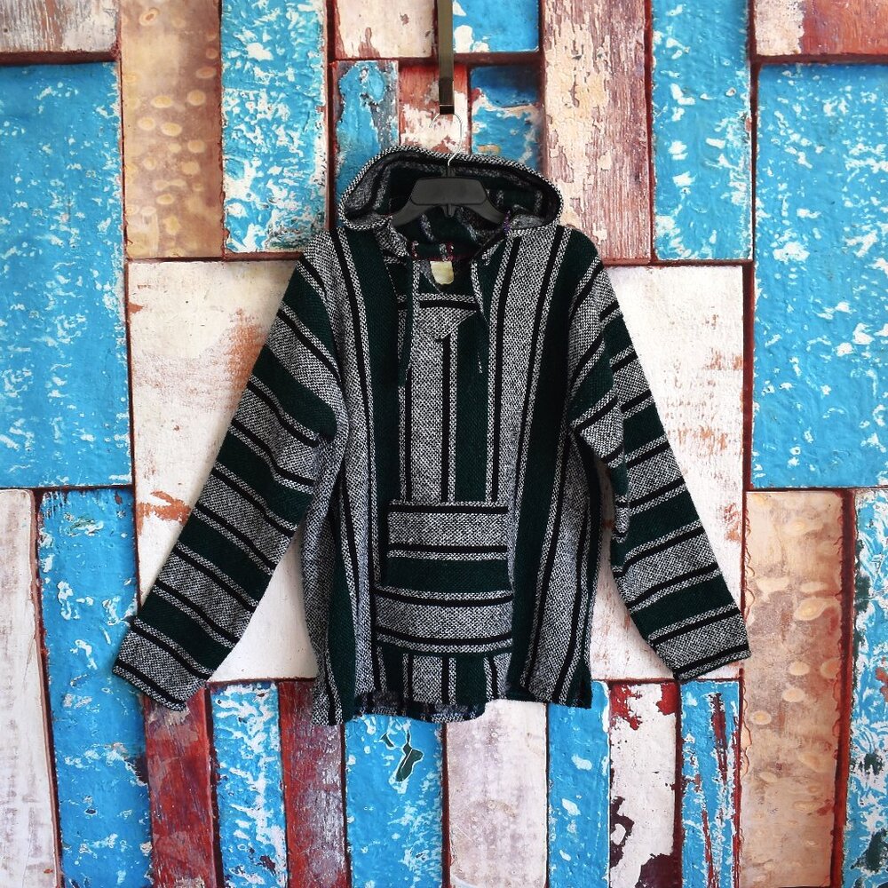 Men's Artesanias La Malinche Capucha Hoodie Poncho Baja Rug XLARGE Multicolor